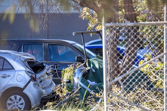 The scene of the helicopter crash on Birch Street, Bankstown.