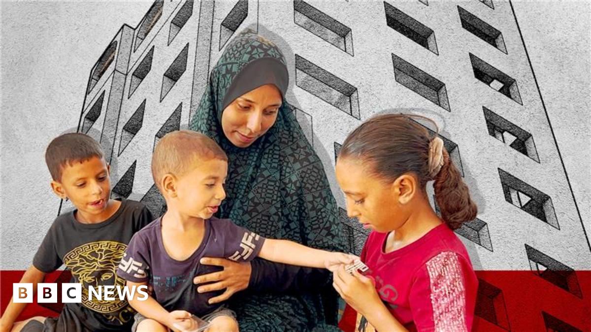 Hadeel holds her son, who reaches out to his sister. The image has a graphic treatment over it that looks like rubble, with the Skeik building in the background.