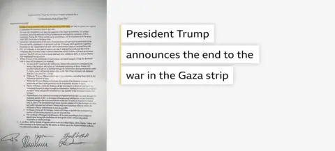 Graphic of an excerpt from the document with the highlighted text saying “President Trump announces end to the war in Gaza Strip”. 