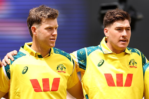 Mitch Owen and Matt Renshaw of Australia on their ODI debuts in Perth.