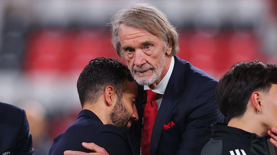 Sir Jim Ratcliffe hugs Ruben Amorim after the 2025 Europa League final