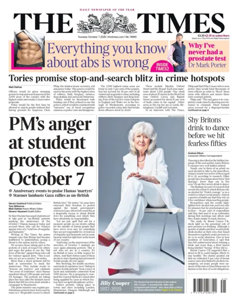 "PM's anger at student protests on October 7" reads the headline on the front page of The Times.