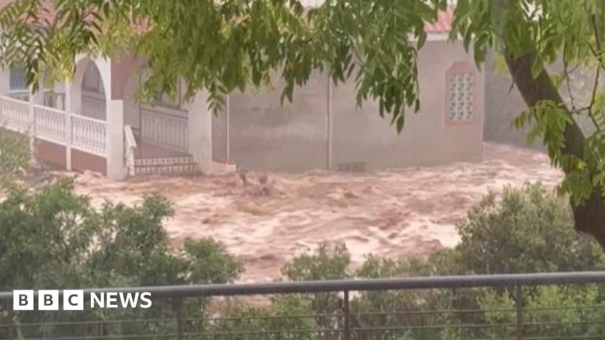Brown floodwaters surge past a house in La Rapita, Spain, with a tree and some plants visible from an elevated position in the foreground