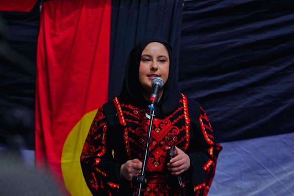 Palestinian activist Sarah Baarini at the CBD rally. 
