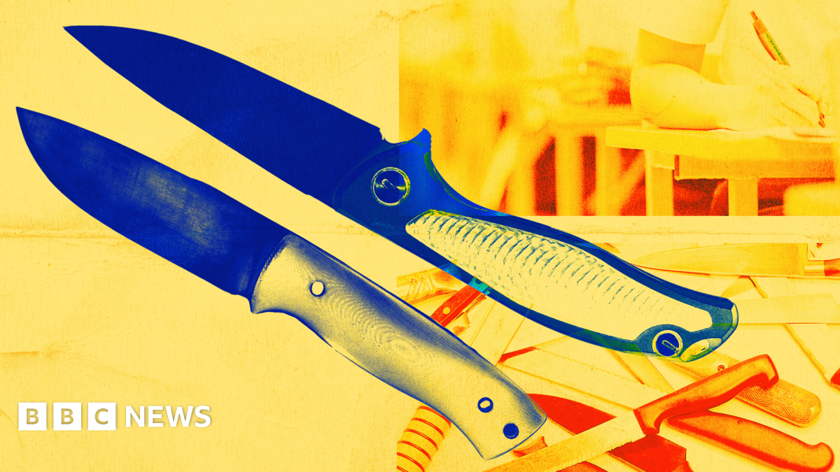 Graphic: Knives in foreground, in background children sitting at school desks.