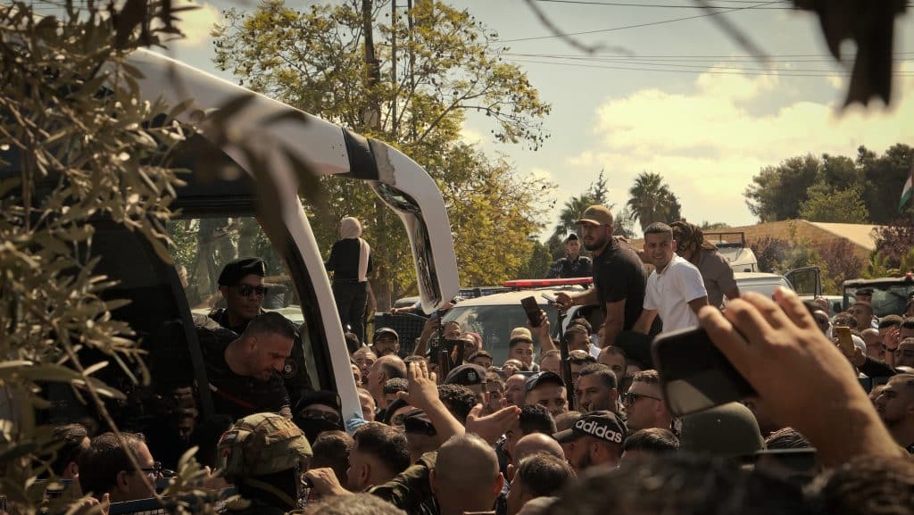 Palestinians released by Israel from Ofer Prison arrive in Ramallah as part of the first phase of the ceasefire between Israel and Hamas, October 13, 2025. (Photo: Qassam Muaddi/Mondoweiss)