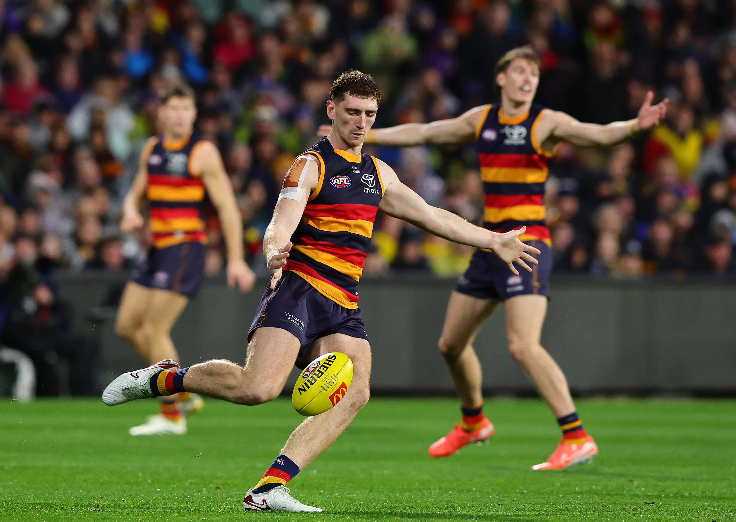 ADELAIDE , AUSTRALIA - AUGUST 16: Mark Keane of the Crows during the 2025 AFL Round 23 match between the Adelaide Crows and the Collingwood Magpies at Adelaide Oval on August 16, 2025 in Adelaide, Australia. (Photo by Sarah Reed/AFL Photos via Getty Images)