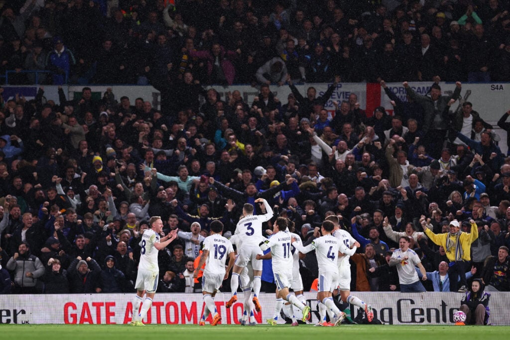 Leeds players celebrate a goal v West Ham.