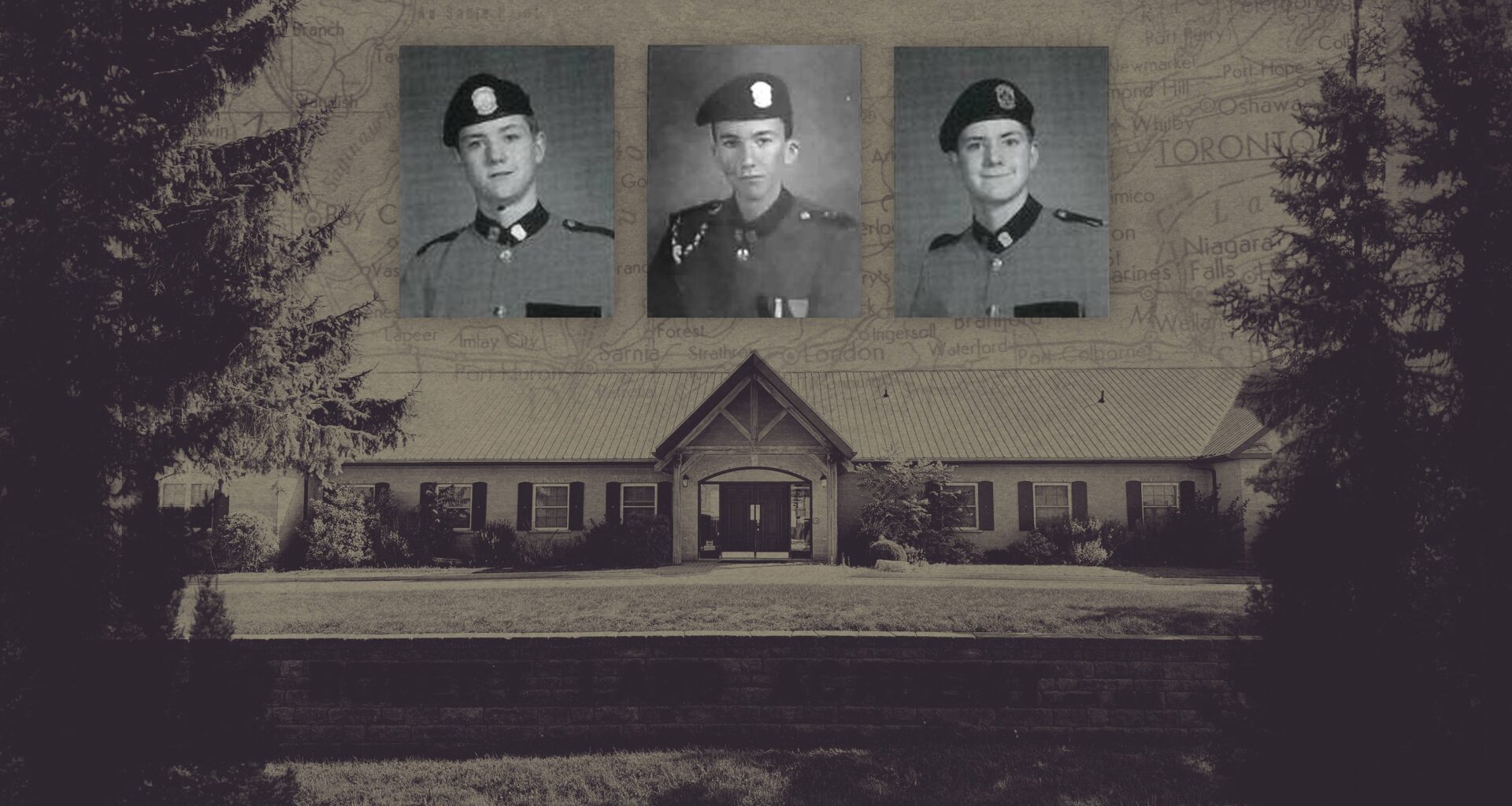 three yearbook headshots of boys in military style uniforms with robert land academy