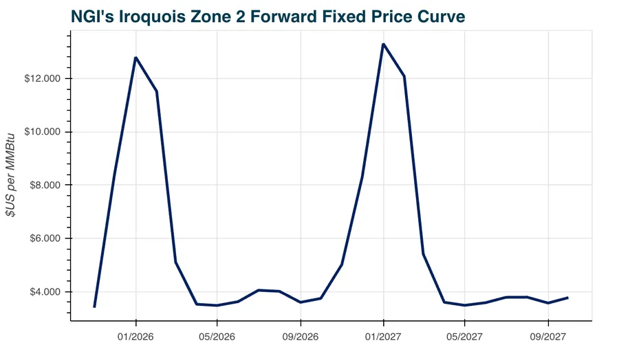 Natural Gas Intelligence's (NGI) forward fixed curve showing Iroquois Zone 2 natural gas prices fluctuate on a linear graph.
