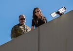 U.S. Department of Homeland Security Secretary Kristi Noem stands on the roof of the U.S. Immigration and Customs Enforcement building in South Portland on Tuesday, Oct. 7, 2025.