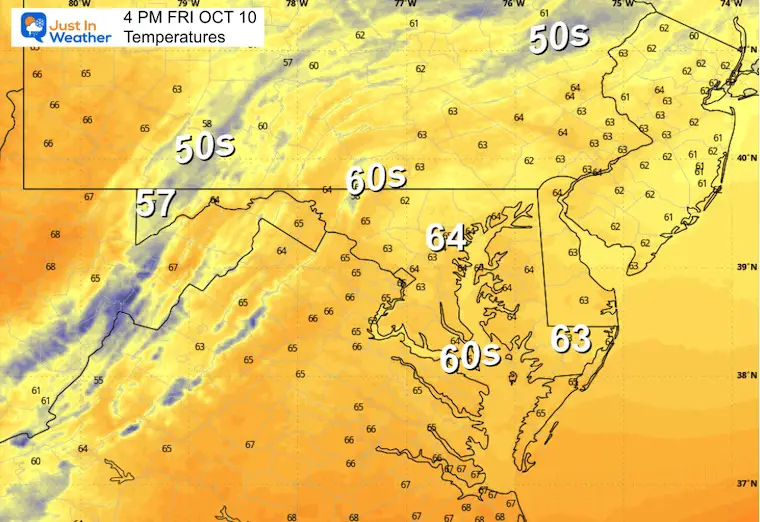 October 10 weather temperatures Friday afternoon