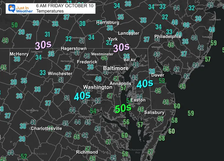 October 10 weather temperatures Friday morning
