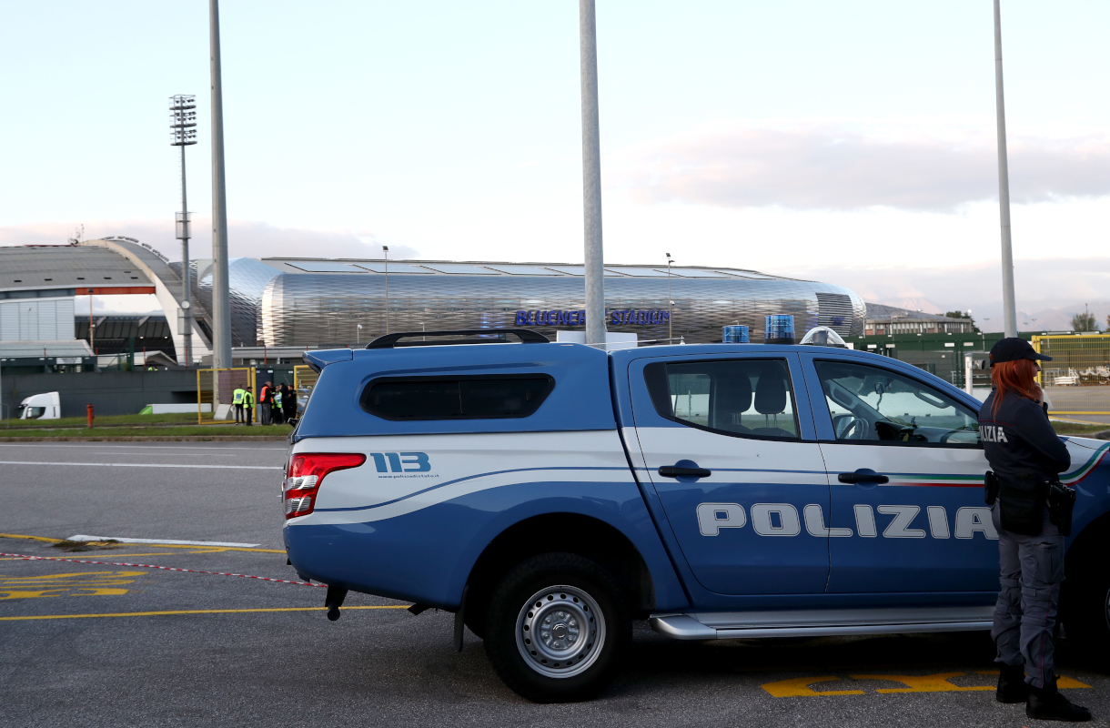 UDINE, ITALY - OCTOBER 14: Italian police officers stationed outside the stadium prior to the FIFA World Cup 2026 qualifier match between Italy and Israel at Stadio Friuli on October 14, 2025 in Udine, Italy. (Photo by Marco Luzzani/Getty Images)
