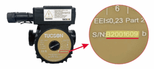 Image of the front of a Tucson circulating pump showing a circular gold label. Beside it is a close-up of the area where the serial number can be read.