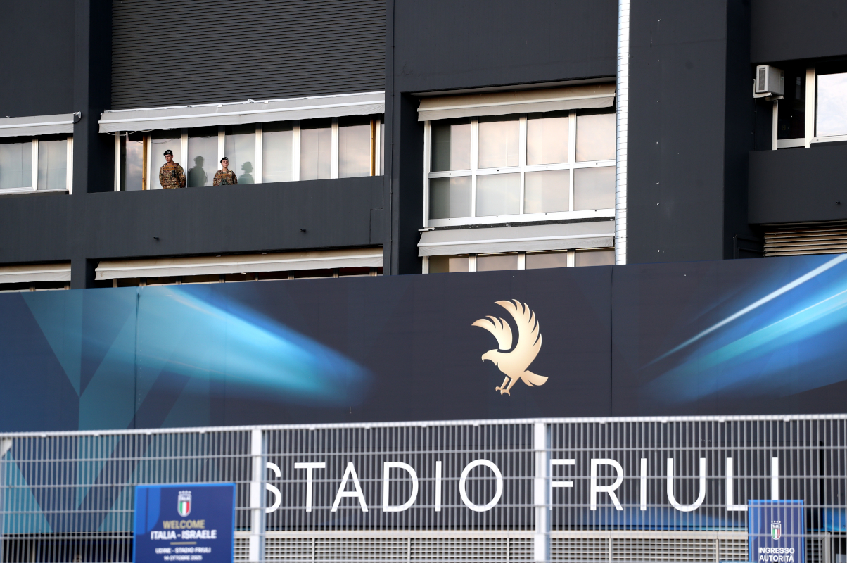 UDINE, ITALY - OCTOBER 14: Law enforcement officers stationed outside the stadium prior to the FIFA World Cup 2026 qualifier match between Italy and Israel at Stadio Friuli on October 14, 2025 in Udine, Italy. (Photo by Marco Luzzani/Getty Images)