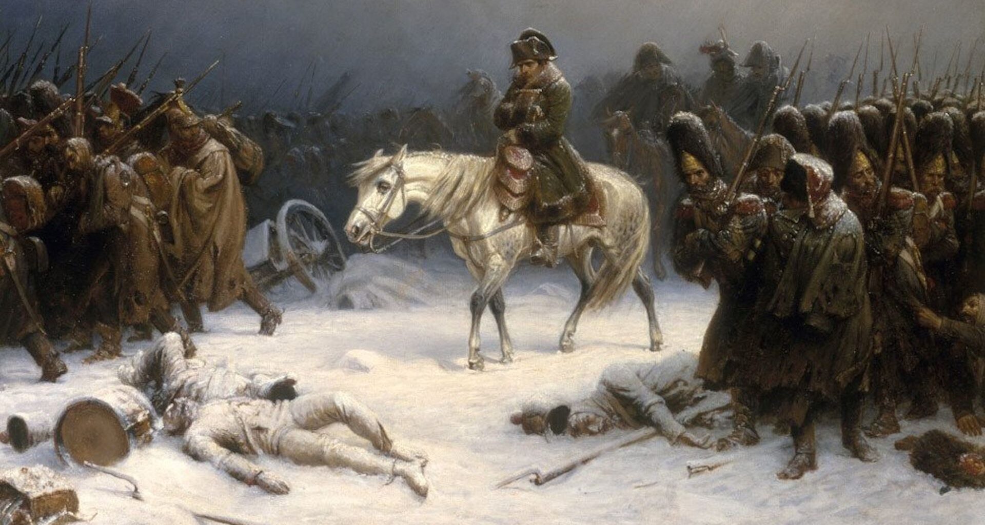 a painting of Napoleon's army retreating in the winter with dead bodies on the snowy ground