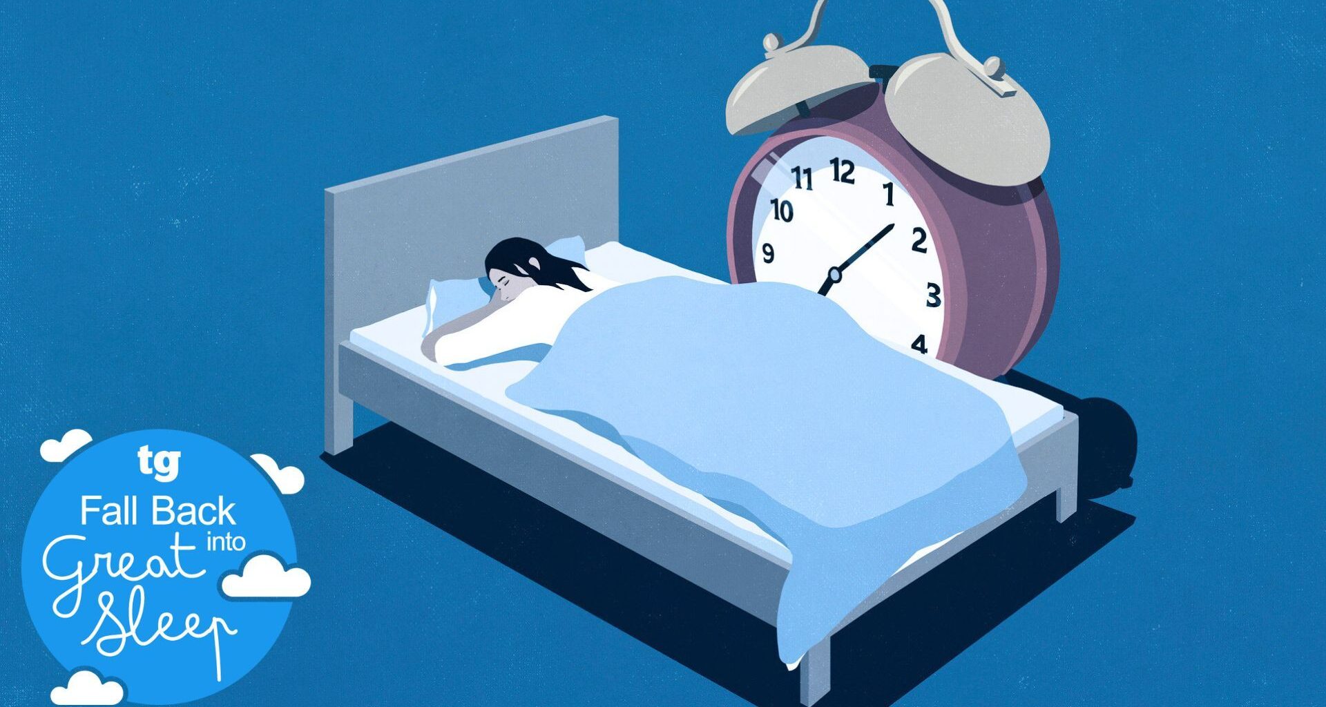 A drawing of a woman lying on her front in bed with a huge alarm clock next to her bed