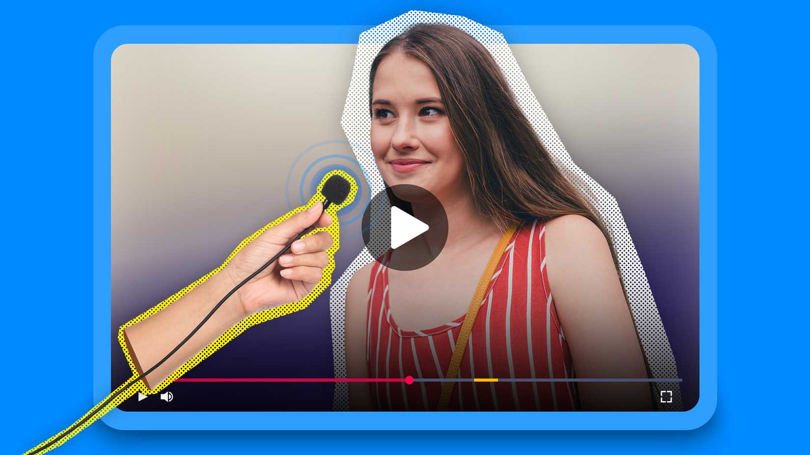A video player showing a hand holding a microphone for a woman being interviewed.