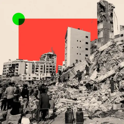 BBC A treated image showing people search at the mound of rubble at the site of the collapsed Sussi Tower