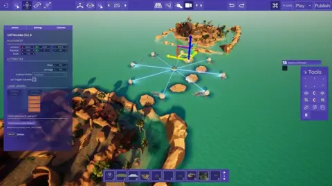 Build a Rocket Boy Screenshot from Everywhere's editing tool shows various tool menus and an island in the middle of a green ocean. On the screen, arrows are visible as the user places rocks into the scene.