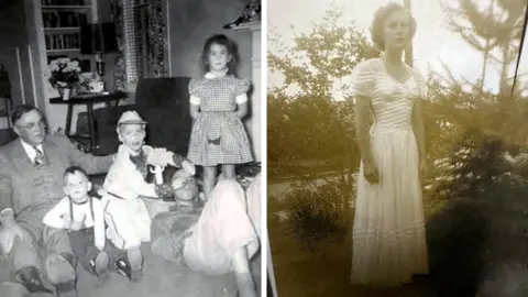 Dr Edwin Lee Conner/Harper Lee Estate On the left: Sepia photo of young Harper Lee in short brown wavy hair, in cream white lacey dress with trees behind her.
On the right: Black and white photo of Harper Lee's grandfather in a suit sitting on the floor with his grandchildren. Including Ed Lee with a hat in white shirt and trousers and Molly standing up  in a checked dress with her arms behind her back