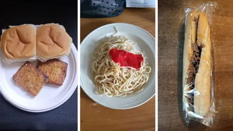 Supplied A composite image showing a paper plate with two white rolls and two slices of tofu, a plate with spaghetti and a splash of ketchup and a baguette with what looks like mince and cheese in it.
