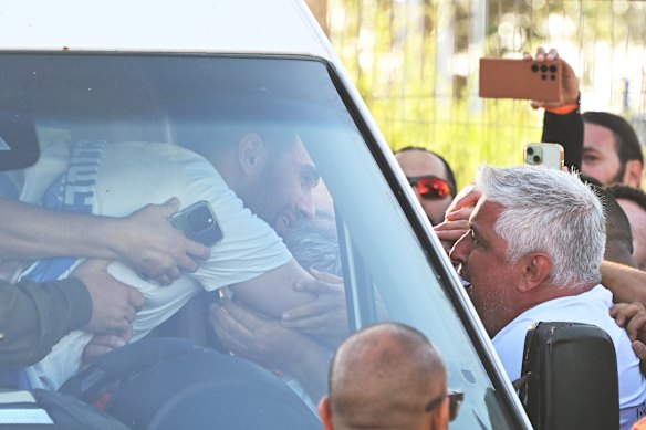 Gaza hostage Segev Kalfon arrives at Chaim Sheba Medical Centre at Tel HaShomer after his release.