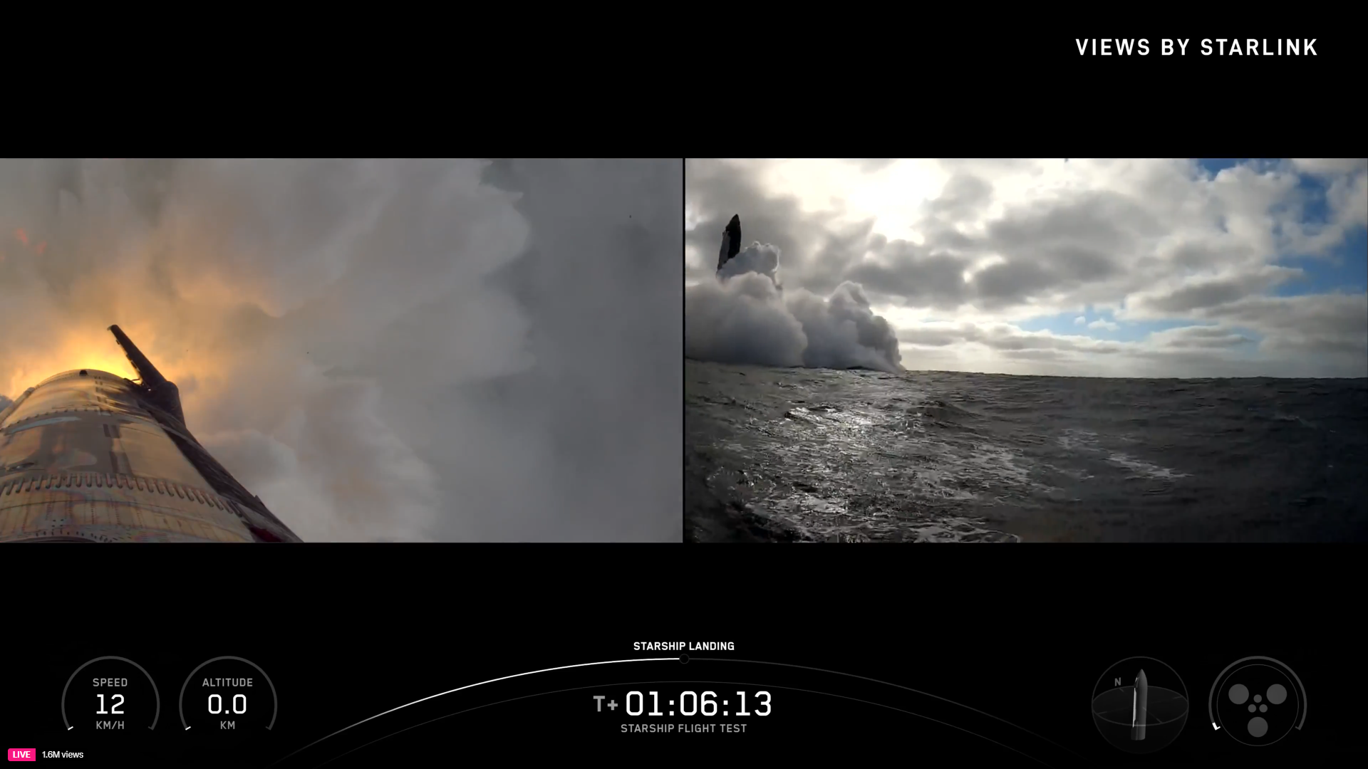 A split screen of the landing of Starship Flight 11 from Ship 38 on the left, with a view of the landing in the Indian Ocean from a buoy on the right.