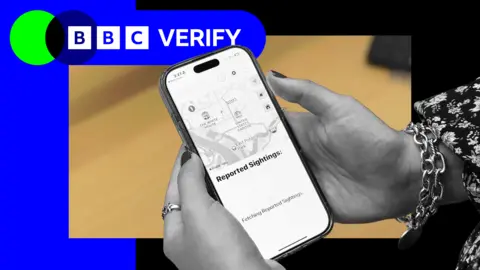 BBC Close-up image of hands holding a phone displaying an ICE-tracking app 