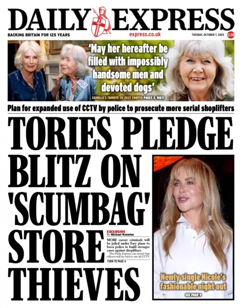 "Tories pledge blitz on 'scumbag' store thieves" reads the headline on the front page of the Daily Expres.
