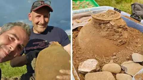 Minelab Detectorists holding clay pot and next to it another picture showing the top of a clay pot sticking out of an Ikea box surrounded by dirt and stones.
