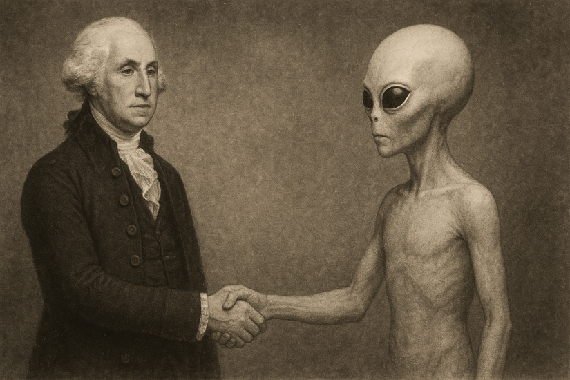 An AI-generated image of George Washington shaking hands with an alien.