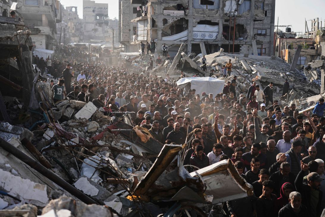 Palestinians attend a protest against war and Hamas in a rare show of public anger against the militant group that rules the territory in Beit Lahiya, Gaza, on March 26.