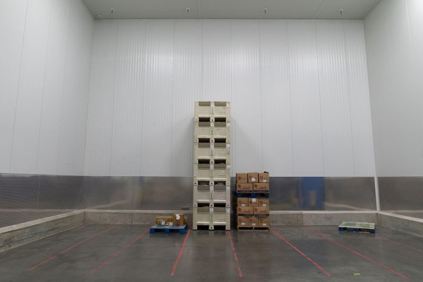 A few items remain in a nearly empty section of a walk-in freezer at the Oregon Food Bank in Portland, Oregon, on October 29, 2025.