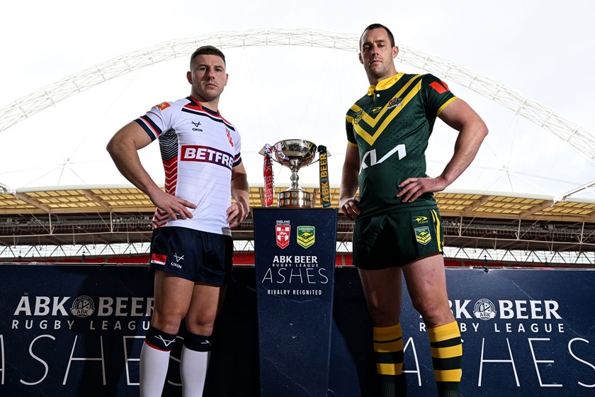 Rival captains George Williams and Isaah Yeo at Wembley ahead of the first Ashes Test.