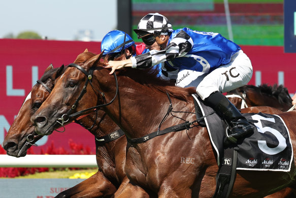 Vauban storms down the outside to win the Sky High Stakes at Rosehill in March.