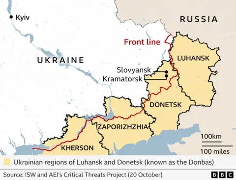 A map of eastern Ukraine showing the front line cutting through four regions