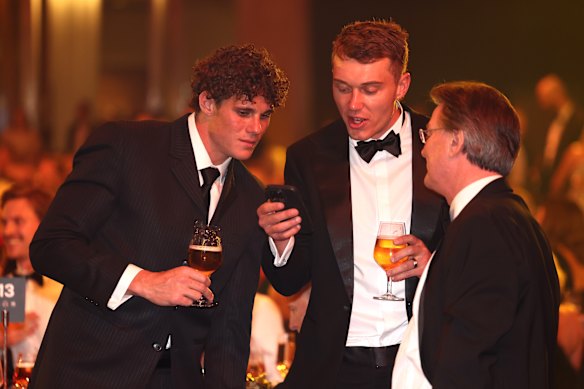 Blues superstar Charlie Curnow, skipper Patrick Cripps and president Rob Priestley on Brownlow Medal night.