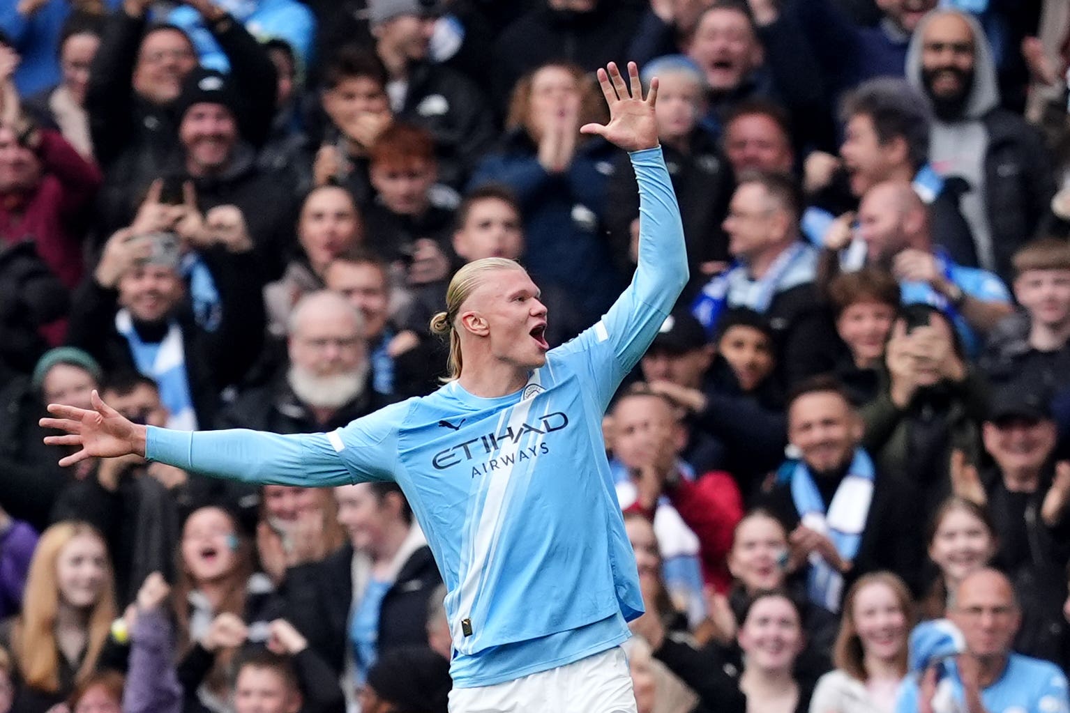 Erling Haaland scored another two goals for Manchester City against Everton (Martin Rickett/PA)