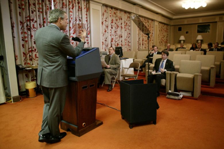 President George W. Bush prepares for his State of the Union address in the East Wing family theater of the White House on January 19, 2004.