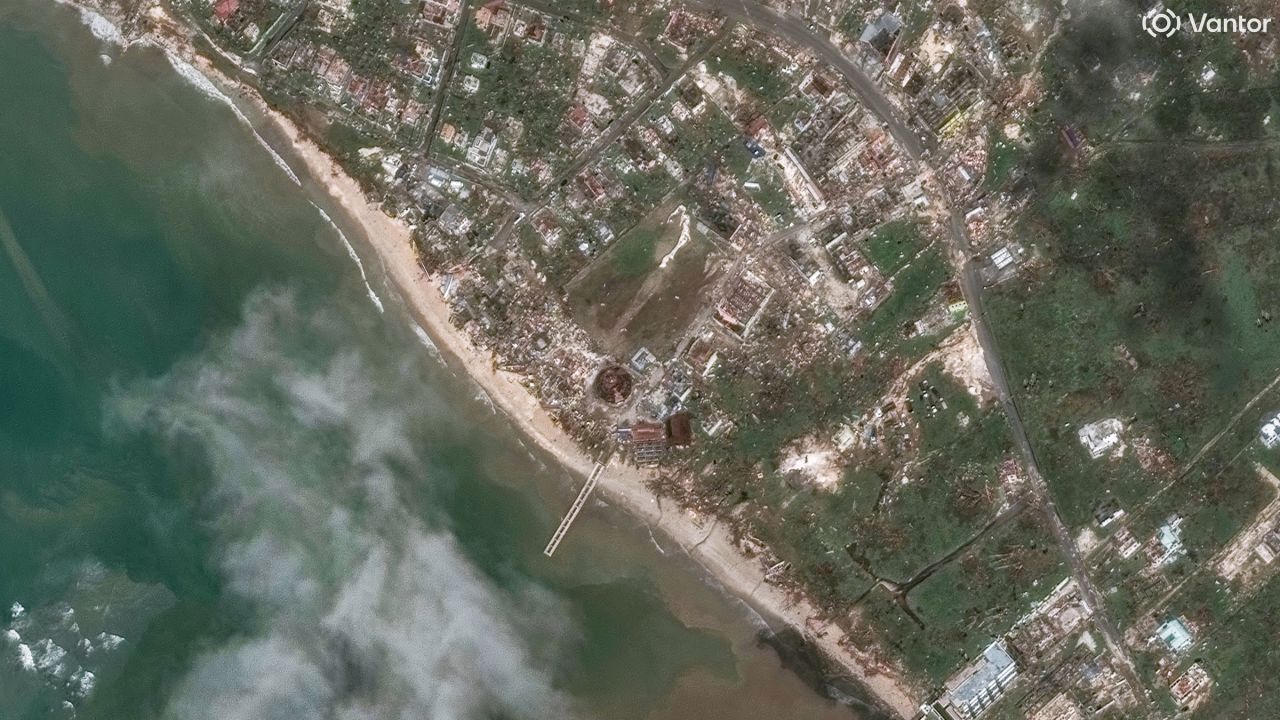 Satellite images show damage in fishing village in White House, Jamaica after Hurricane Melissa.
