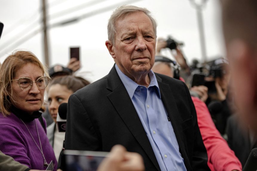 US Senator Dick Durbin visits a protester aid station outside of the Broadview ICE facility, in Chicago, Illinois, on October 10.