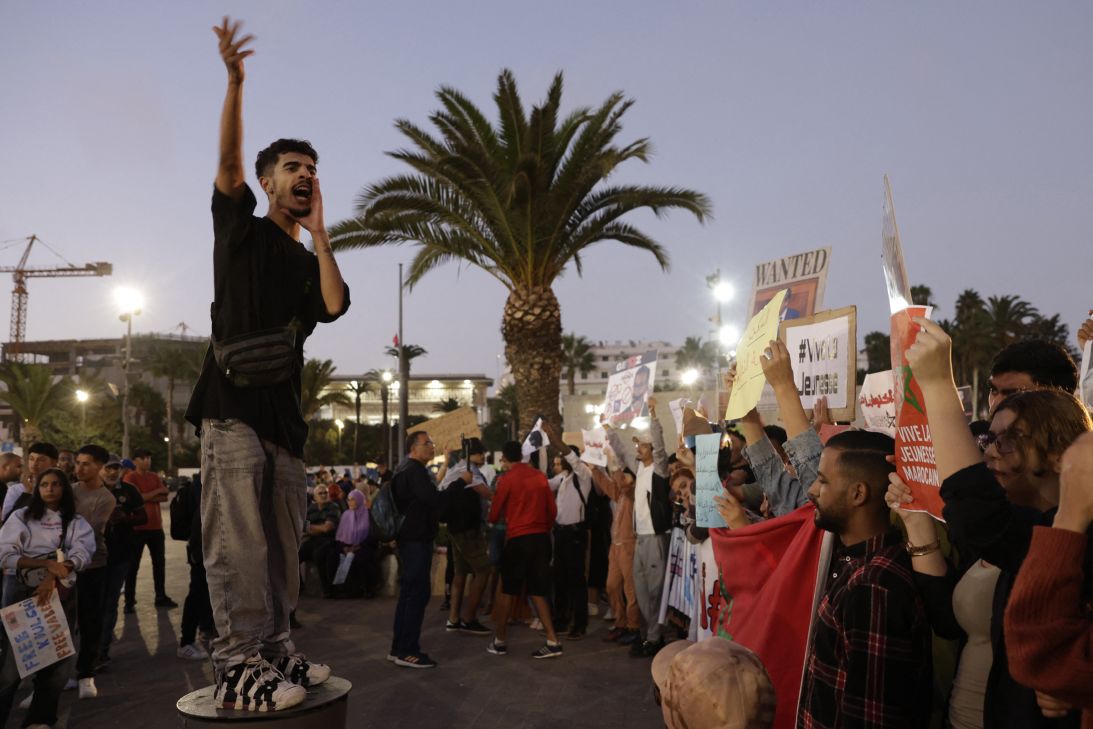 Demonstrators are pictured during a youth-led protest demanding reforms to public healthcare and education in Casablanca, Morocco, on October 6.