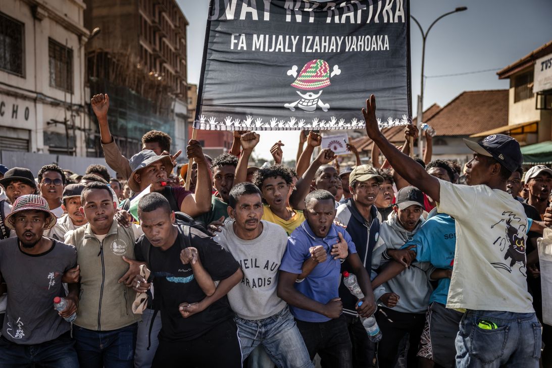 Demonstrators march from a civil society rally demanding the resignation of President Andry Rajoelina and paying tribute to the victims of the protests in Antananarivo, Madagascar on October 13.