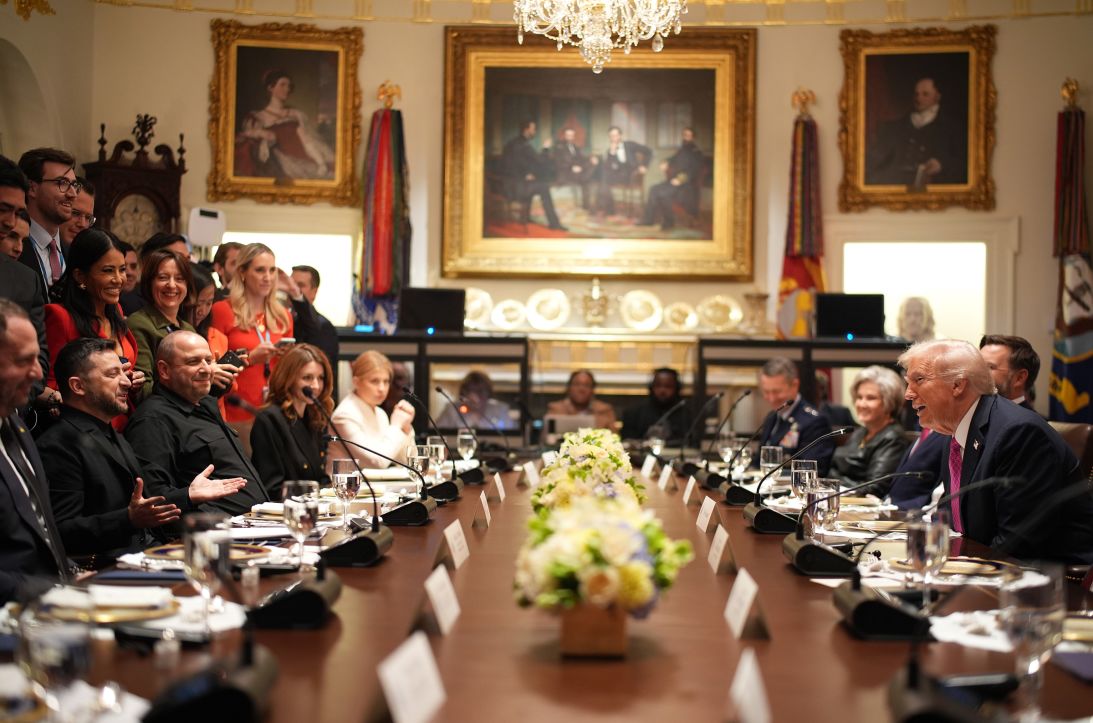 President Donald Trump speaks with Ukrainian President Volodymyr Zelensky during a lunch meeting at the White House on Friday.