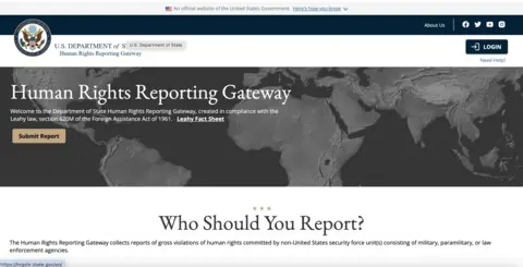 BBC News A screenshot of the website for Human Rights Reporting Gateway. "Who should you report" the site reads.