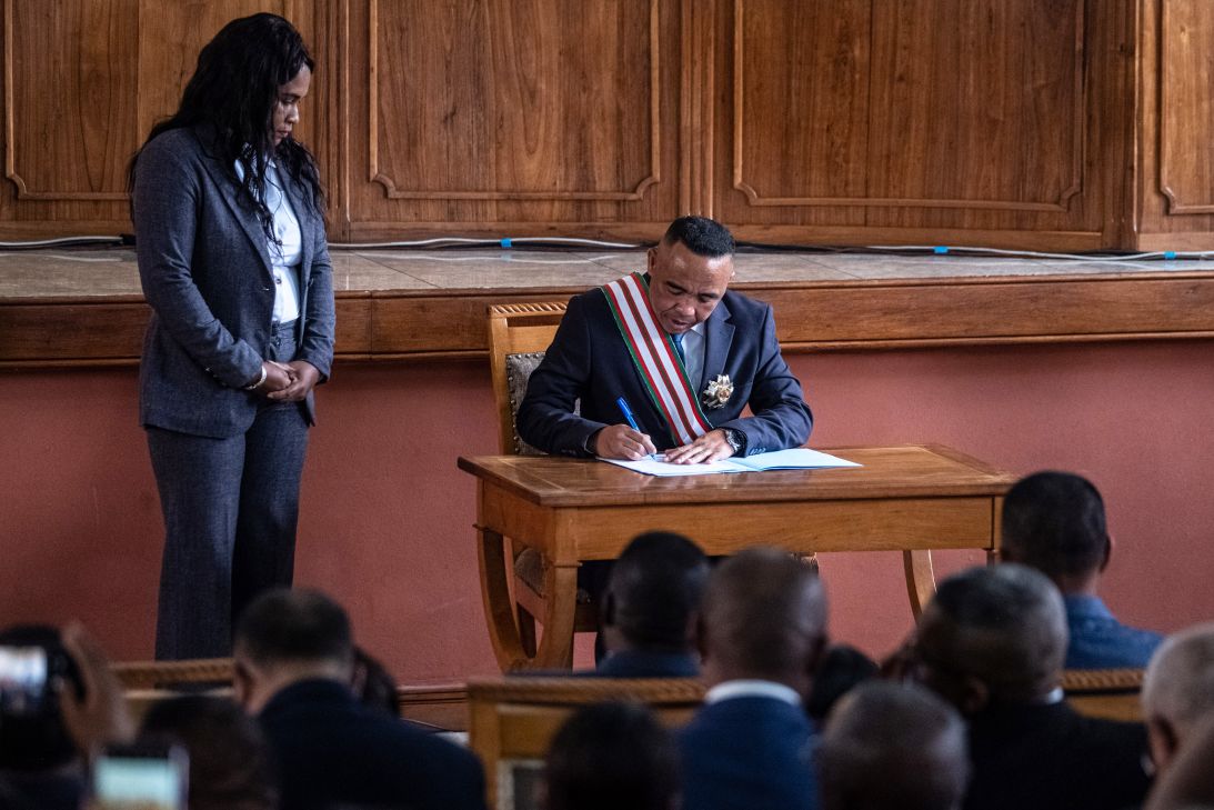 Col. Michael Randrianirina, leader of the military group that seized power with the support of the army, is sworn in as interim president at the High Constitutional Court building in Antananarivo, Madagascar, on October 17, 2025.