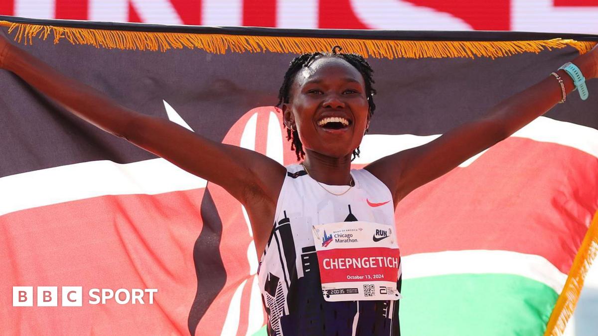 Ruth Chepngetich celebrates after setting a world record at the Chicago Marathon in 2024