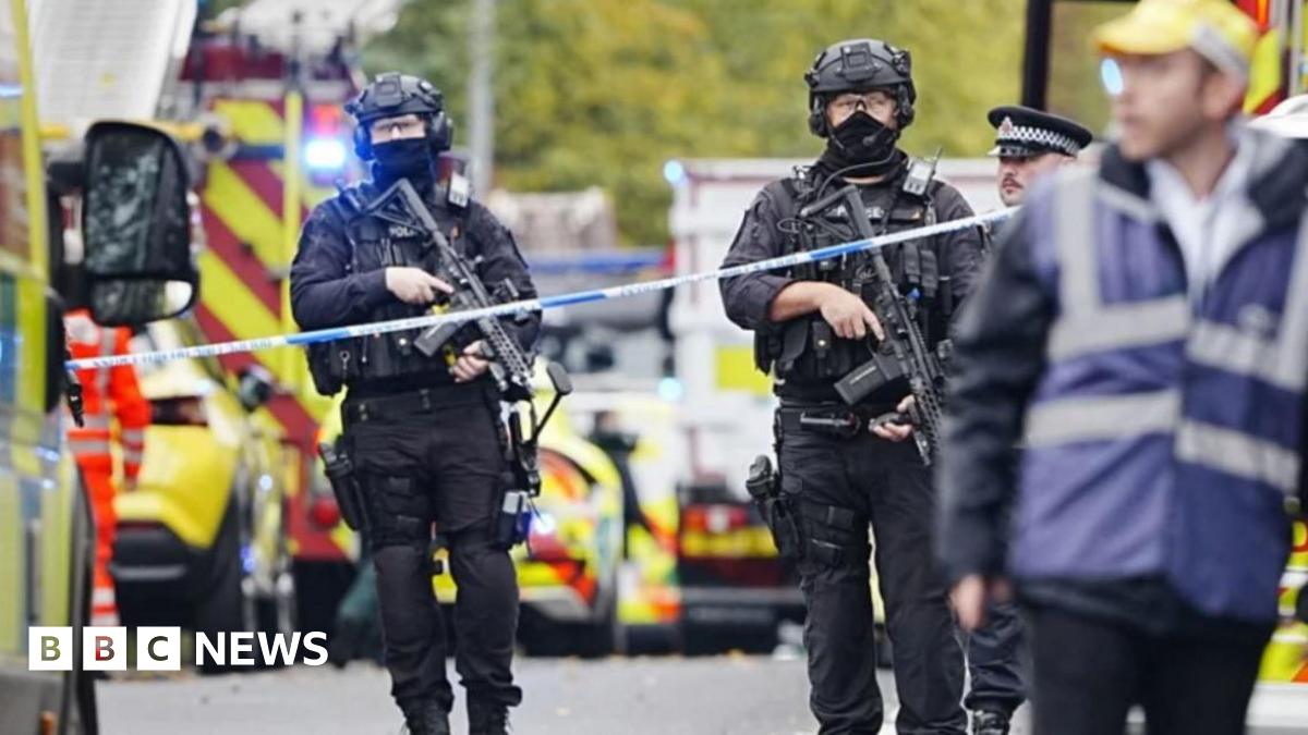 Armed police at the scene, with police vehicles in the background.